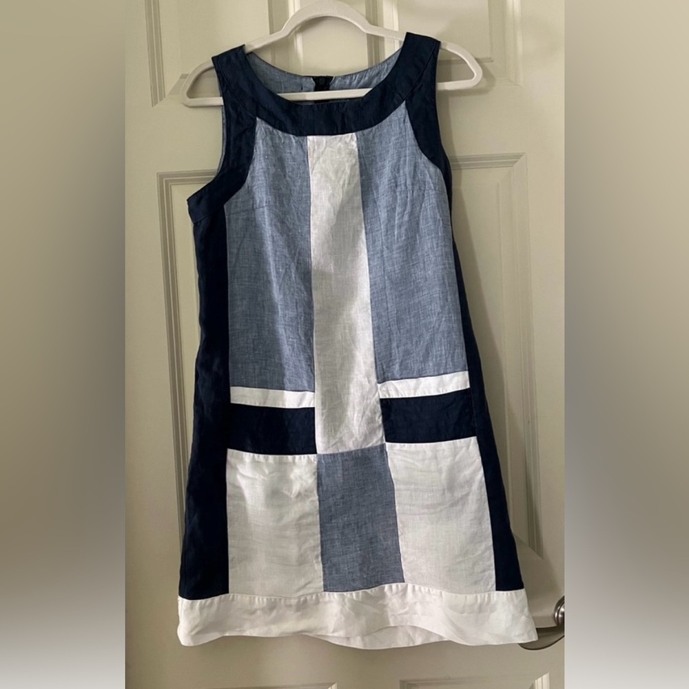 Puro Lino linen sleeves dress, blues & white color blocks size S